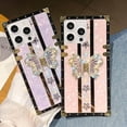 thumbnail image 2 of Funda compatible con iPhone de 16 a 6,1 pulgadas con purpurina de lujo, diseño de mariposa, plegable, con soporte, suave, con efecto espejo de policarbonato, antideslizante, para mujeres y niñas, 2 of 6