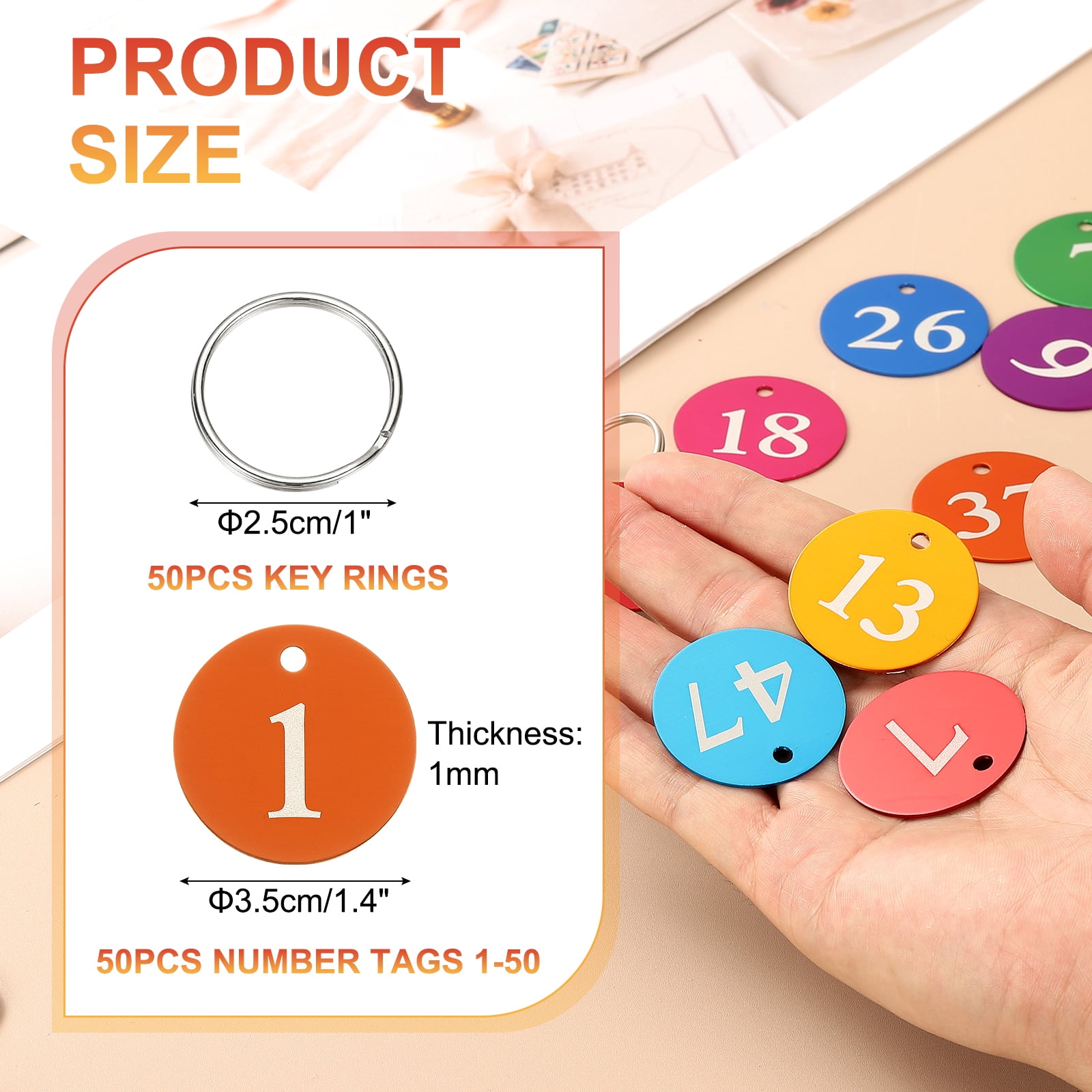 50PCS Number Tags 1-50, Number Key Tags Aluminum Numbered Tags Metal Key Tags Keychain with Key Rings for Organizer Field Sales Hangers Clothes Labels ID Tag, Orange