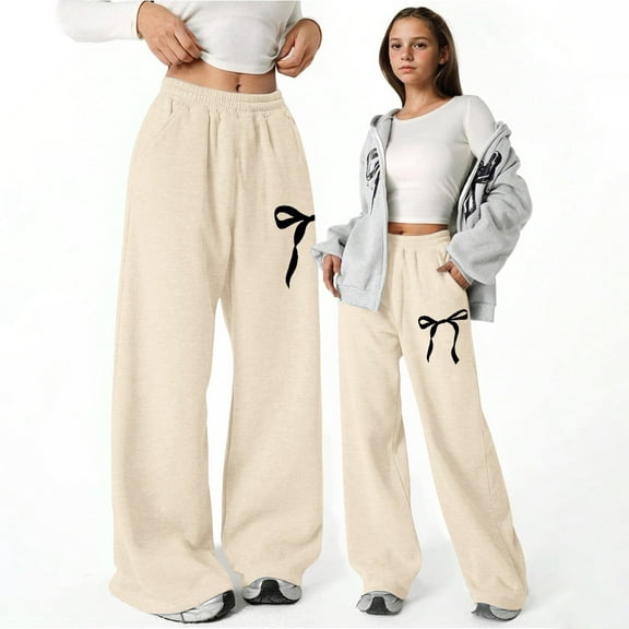 Huanglei Girl's Bowknot Baggy Sweatpants Lightweight Straight Leg Athletic Pants With Pockets