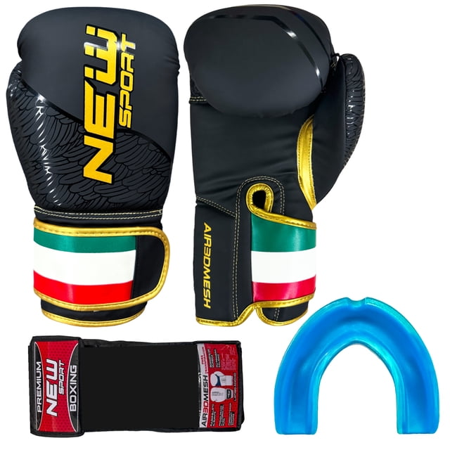 Guantes de Boxeo 16 Oz Onzas New Sport Kit con Protector Bucal Muay Thai Kick Boxing Mma Box con Malla Transpiracion Mod Tri