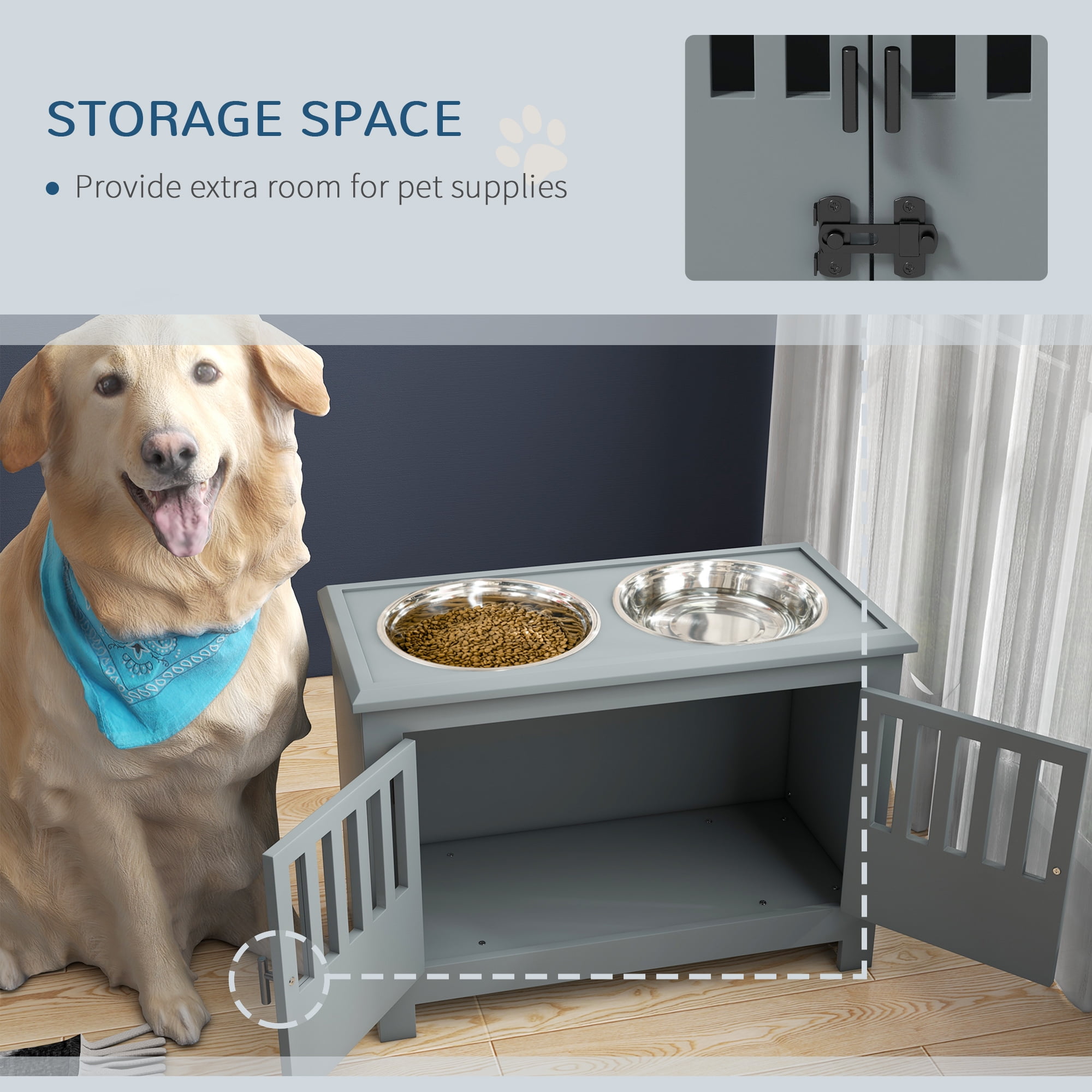 PawHut Large Elevated Dog Bowls with Storage Cabinet Containing Large 37L Capacity, Raised Dog Bowl Stand Pet Food Bowl Dog Feeding Station, Gray