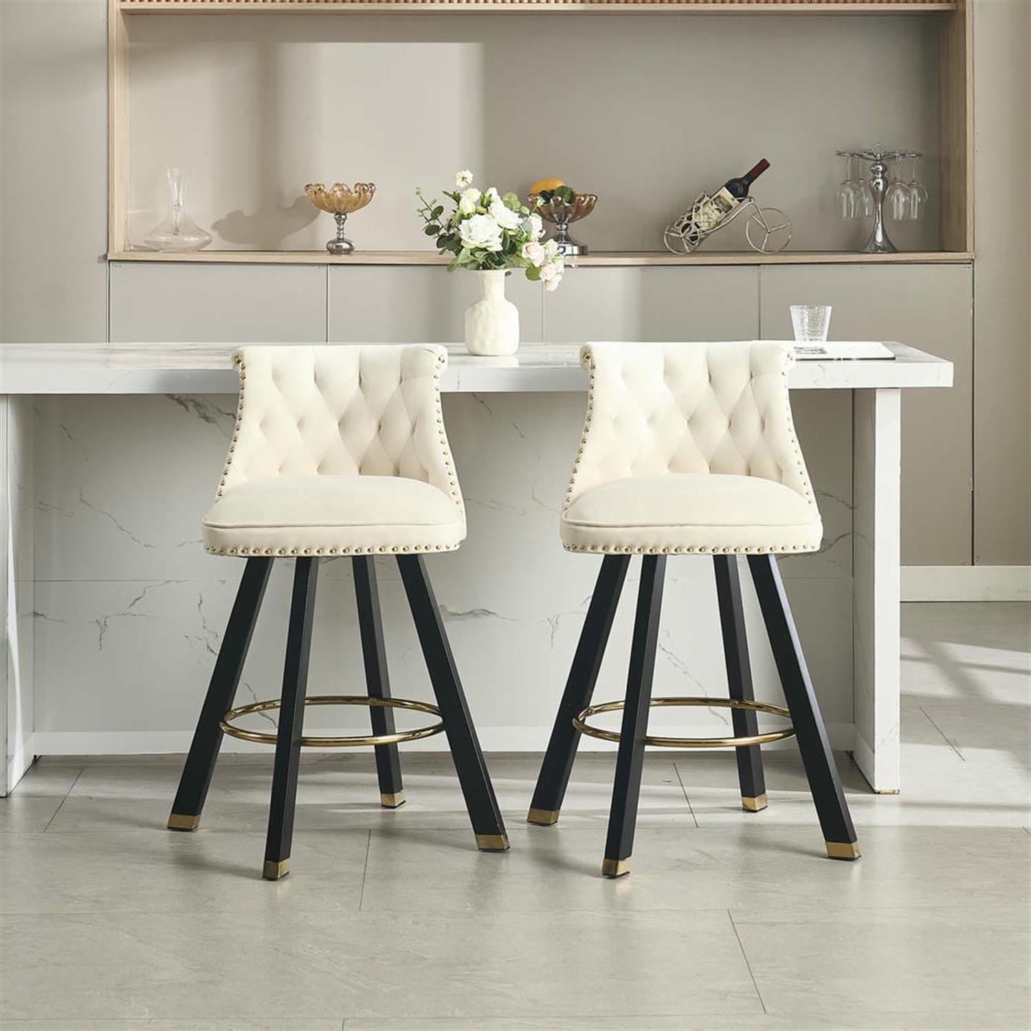 Demi Bonn 35" Counter Height Bar Stools Set of 2, Velvet Swivel Barstools with Back Pull Loop Detachable, Kitchen Island Countertop Chairs for Dining Room, Beige