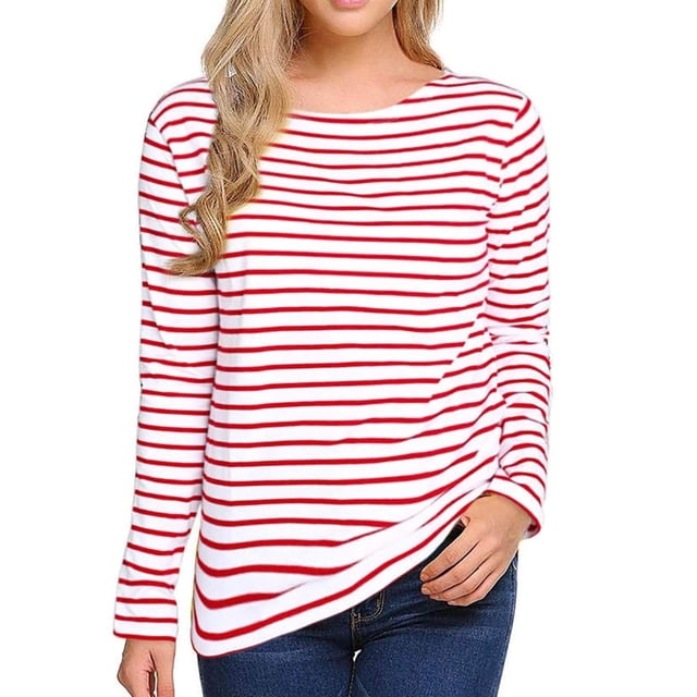 T-shirt Confortable à Rayures Imprimées Légèrement Élastique Col Rond Manches Longues Décontracté pour Femmes