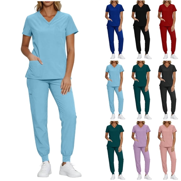 Bloomae Scrubs for Women Set - Trendy Short Sleeve Basic Solid Color Stretch V-Neck Scrub Top & Elastic Waist Jogger Pant with Multi-Pockets, Medical Workwear for Nurses