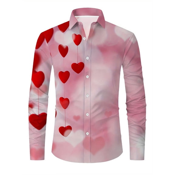 BlankRift Mens Dress Shirts Long Sleeve Valentines Day Lapel Button Up Shirt Men Love Heart Print Date Night Outfit Regular Fit Casual Tops Lightweight Dress Shirt Men Red L
