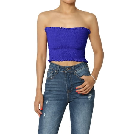 

TheMogan Women s Strapless Frilled Trim Shirred Smock Crop Tube Top Stretch Bustier