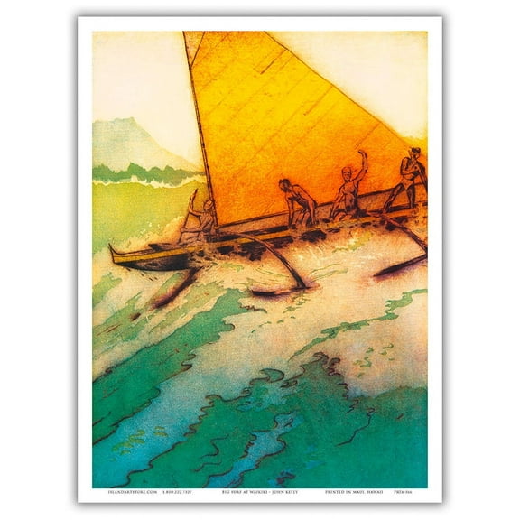 Big Surf At Waikiki - Royal Hawaiian Hotel (Pink Palace of the Pacific) - Vintage Color Aquatint Etching by John Melville Kelly c.1950s - Master Art Print (Unframed) 9in x 12in