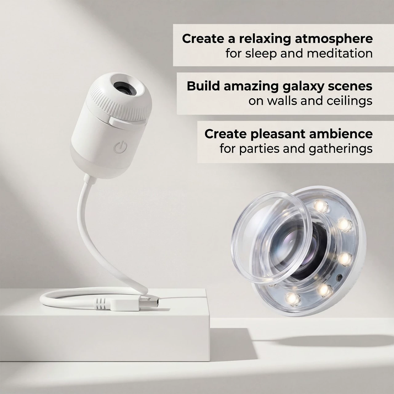 2-in-1 Galaxy Night Light Projector, featuring 12 slide-out images, a 360° adjustable USB starry sky night light projector with adjustable brightness, ideal for car and bedroom decor