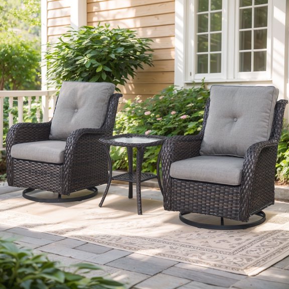 Planntonneo 3-Piece Wicker Patio Conversation Set - Swivel Rocker Chairs and Side Table with Removable Olefin Cushions for Garden/Patio/Deck, Brown/Grey