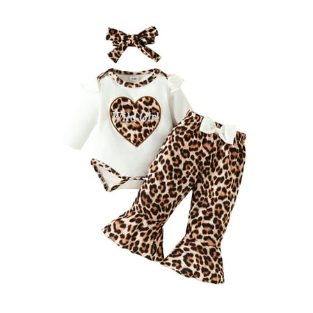 

Calsunbaby Baby Girl Fall Outfit Ruffled Letter Print Long Sleeve Rompers Bow Leopard Floral Flare Pants Clothes Set 3Pcs 12-18 Months