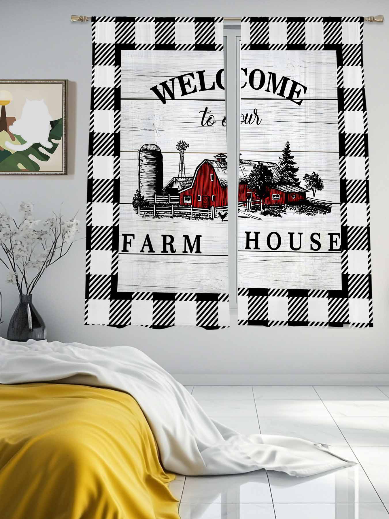 Welcome to Our Farm House Sheer Curtains for Living Room Bedroom, Red Barn Vintage Black White Plaid Wood Grain Light Filtering Sheer Curtains, Rod Pocket Voile Window Drapes, 2 Panels Set 52"x 63"