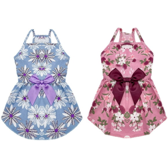 2 Packed Summer Floral Dog Dress Girl Fancy Puppy Clothes Cute Flower Princess Skirt with Bowknot Dresses for Small Dogs Cats Yorkies Chihuahua Pomeranian