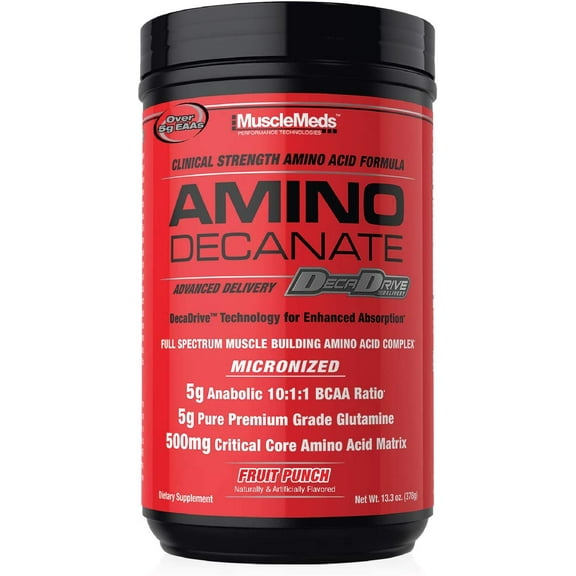 MuscleMeds Amino Decanate – 5 g Leucine‑Loaded BCAAs, 5 g Glutamine & 500 mg CCAA Matrix – Fruit Punch, 13.5 oz (30 Servings)