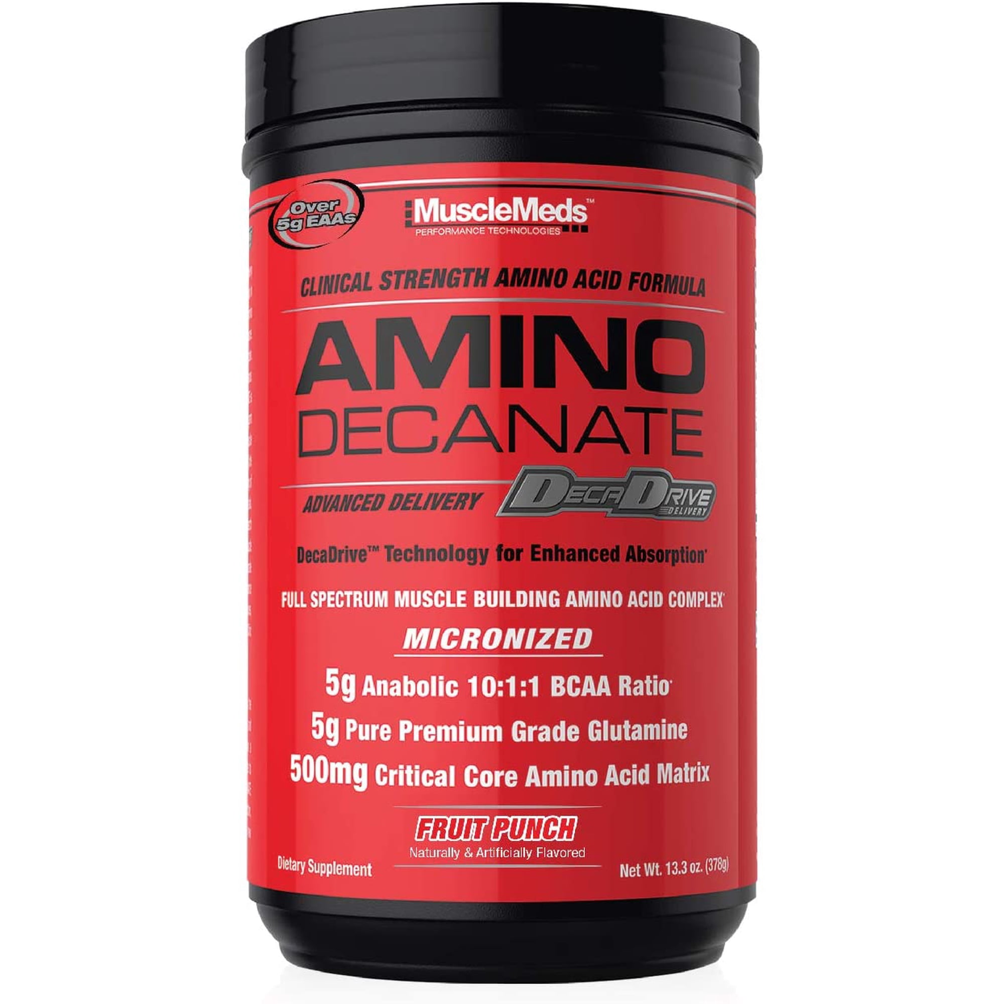 MuscleMeds Amino Decanate – 5 g Leucine‑Loaded BCAAs, 5 g Glutamine & 500 mg CCAA Matrix – Fruit Punch, 13.5 oz (30 Servings)