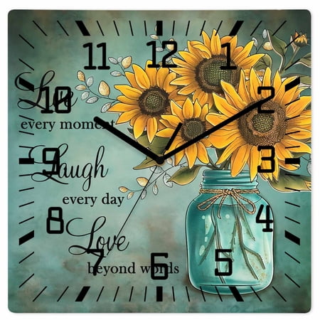 Vintage Sunflower Wooden Wall Clock Silent Non Ticking, Teal Retro Summer Botanical Floral Square Wall Clocks Battery Operated, Decor Clock for Home Office, Living Room, Kitchen, 12 Inch
