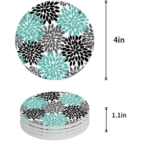 FMSHPON Multicolor Dahlia Pinnata Flower Customized Teal,Black,Grey Set of 4 Round Coaster for Drinks, Absorbent Ceramic Stone Coasters Cup Mat with Cork Base for Coffee Table Bar Decor