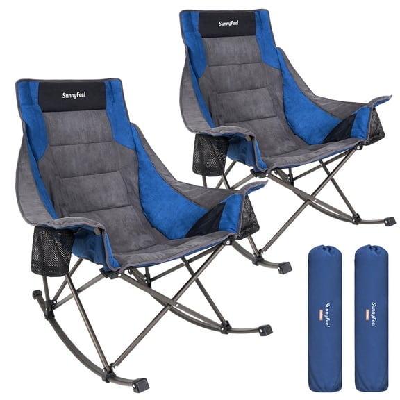 SUNNYFEEL Oversized Folding Rocking Camping Chair 2 Pack Fully Padded Patio Chair Camp Outdoor Rocker High Back Portable Lawn Recliner with Side Pocket Camp Rocker for Adults Heavy Duty 500 LBS