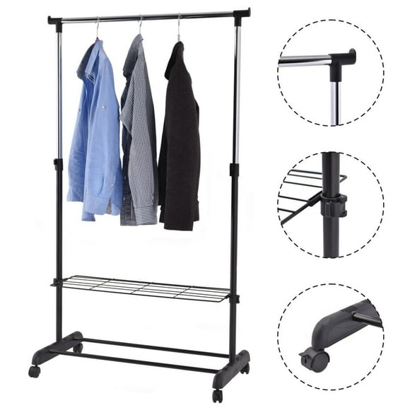 Adjustable Rolling Garment Rack Heavy Duty Clothes Hanger w/ Shoe Rack Portable