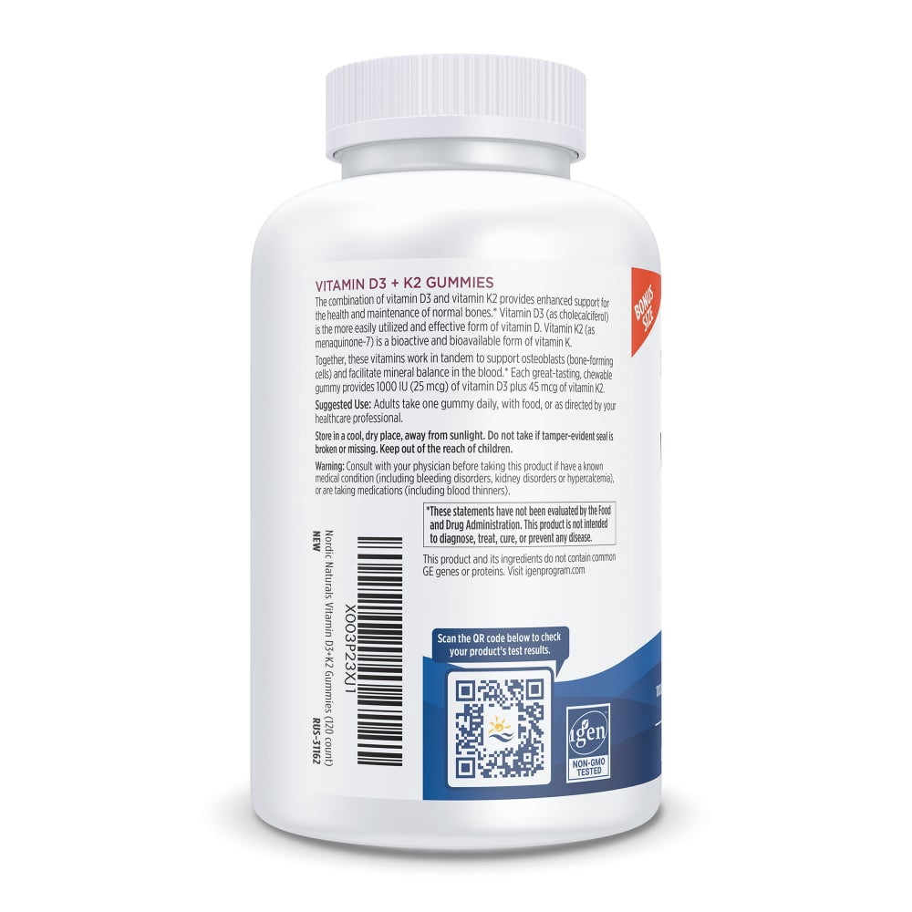 Nordic Naturals Vitamin D3+K2 Gummies, 1000 IU, Great Taste, Non-GMO 120 Ct