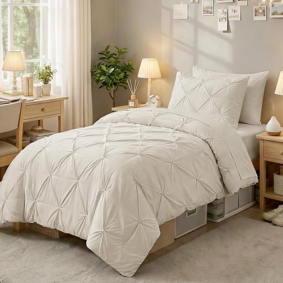 Twin Comforter Set, 5-Piece Bed in a Bag, Pintuck Bedding Sets for All Season, Includes Comforter, Flat Sheet, Fitted Sheet, Pillowcase and Pillowsham, Beige