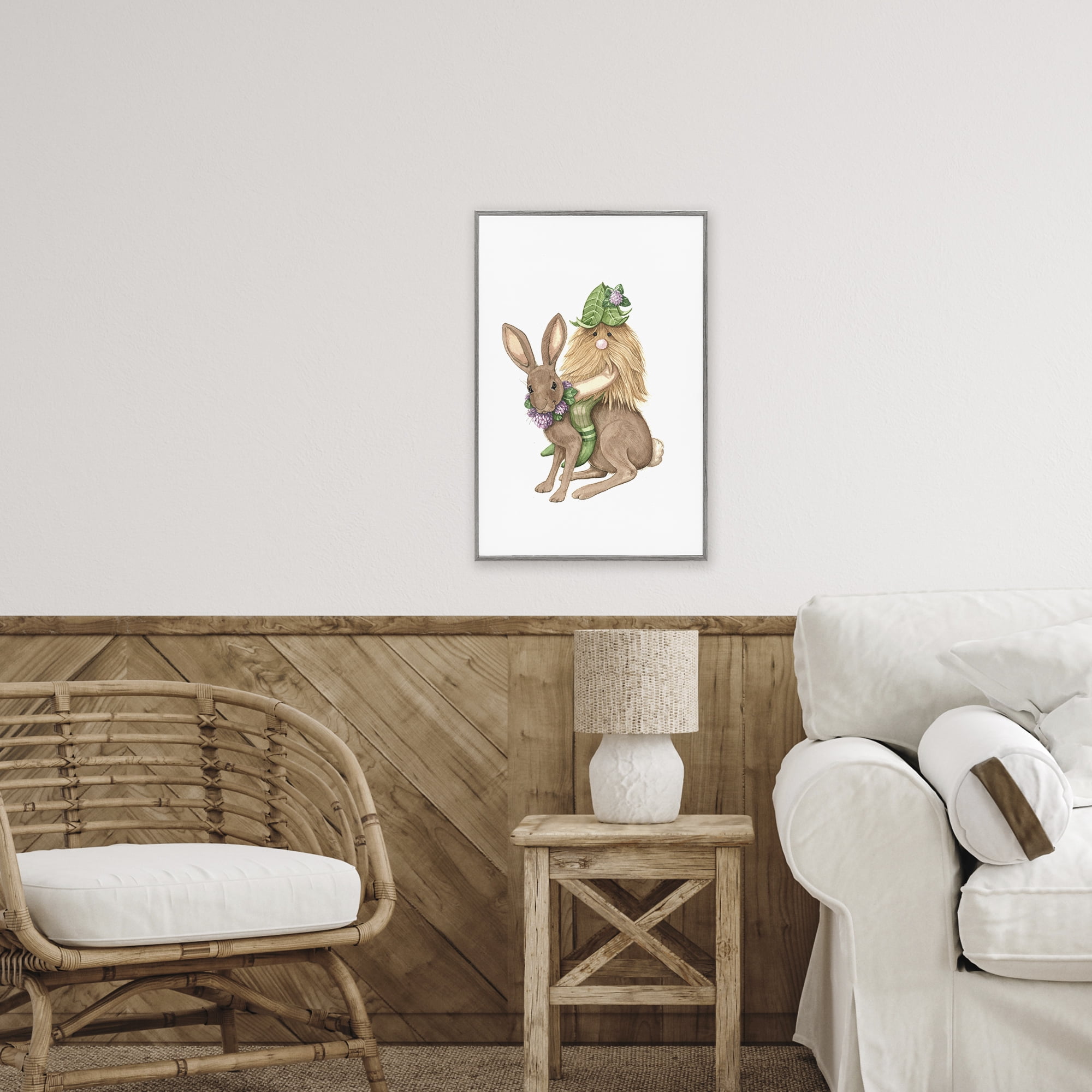 Stupell Industries Garden Elf Riding Rabbit Gray Framed Giclee Art, design by Nancy Overton