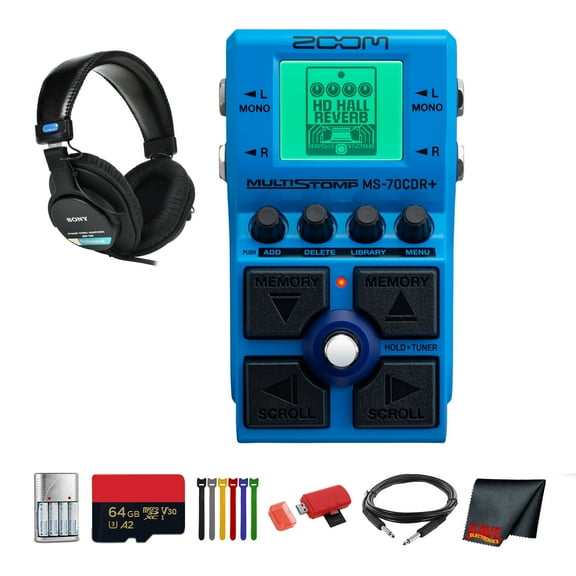 Zoom MS-70CDR  Multi-FX Pedal Bundle With MDR-7506 Professional Stereo Headphones   Microfiber Cleaning Cloth   4x AA Batteries With Charger   Balanced Interconnect 1/4 inch TRS to Same Cable