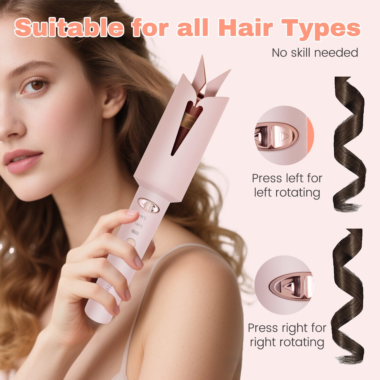 HATTEKER Automatic Rotating Curling Iron, Ceramic Tourmaline Coating Curling Iron, 25mm Automatic Curling Iron, Portable Hair Curler, USB Charging