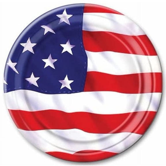 PMU Patriotic Stars and Stripes American Party 7-inch Dessert Plates, Patriotic Party Tableware (8/pkg) Pkg/3