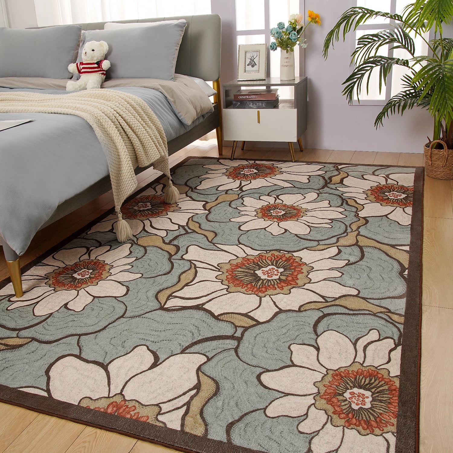 Arogan Flower Area Rug 4x6 for Bedroom, Living Room, Green