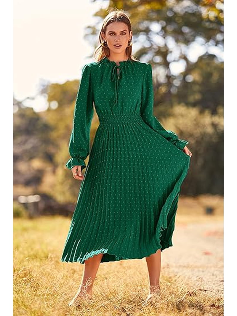 Prettygarden Women's Spring Fall Midi Dress Casual Long Sleeve V Neck Swiss Dot Pleated A Line Flowy Dresses, Size: 2XL, Green