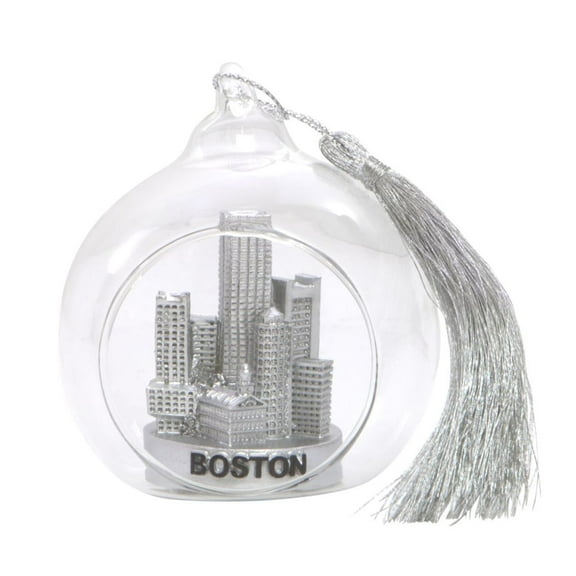 Mini Silver Skyline Boston Christmas Ornament Open Glass Ball