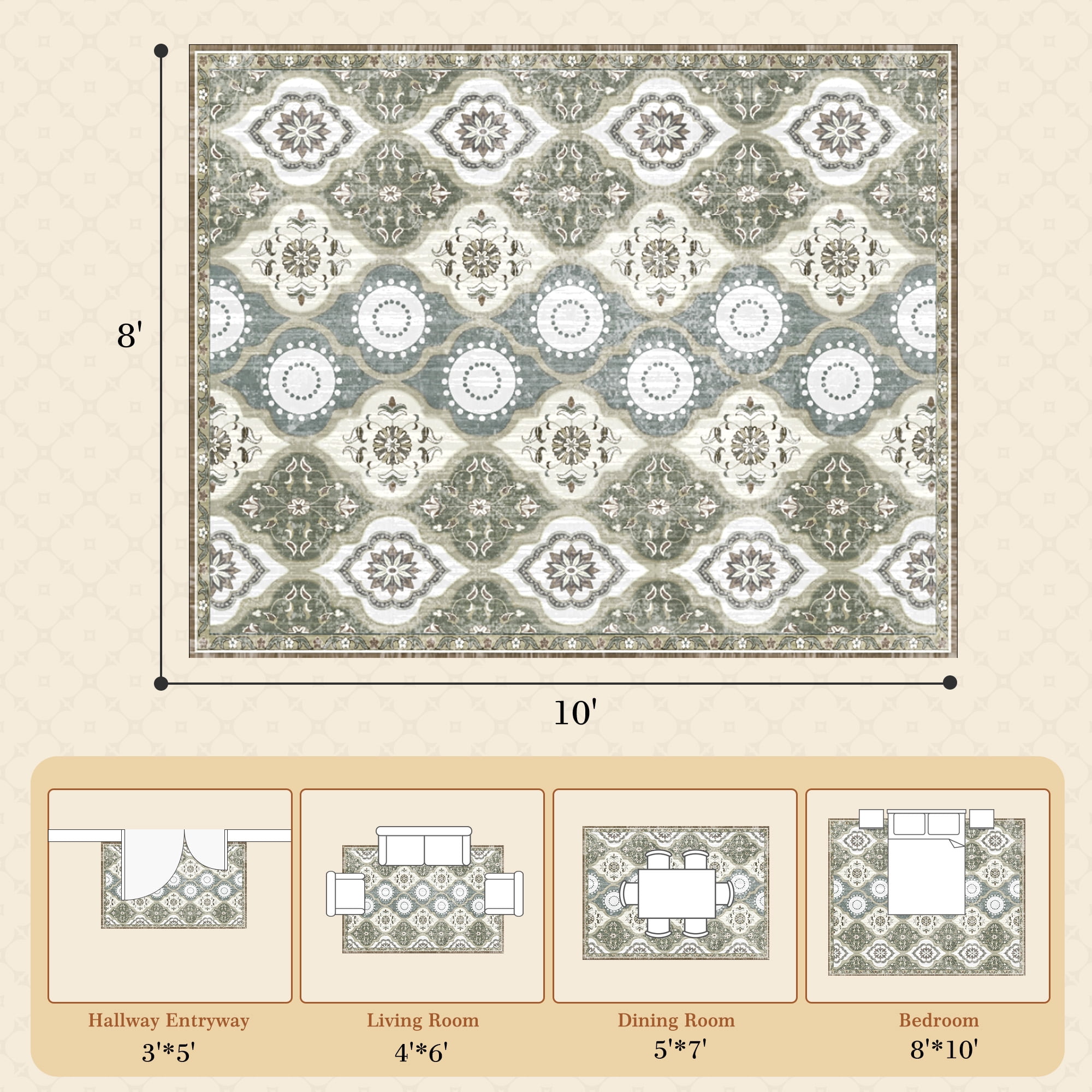 EnHomee 8x10 Area Rugs for Living Room Bedroom Vintage Indoor Carpet Rugs Machine Washable Area Rug,Green