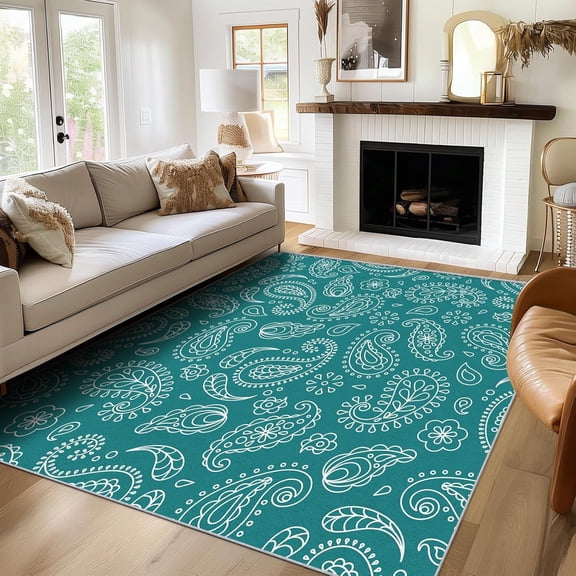 Teal Paisley Rug , Washable Vintage Floral Rugs For Living Room Bedroom, Traditional Area Rug For Home Decor, Non Slip Backing Floor Carpet 5x7ft