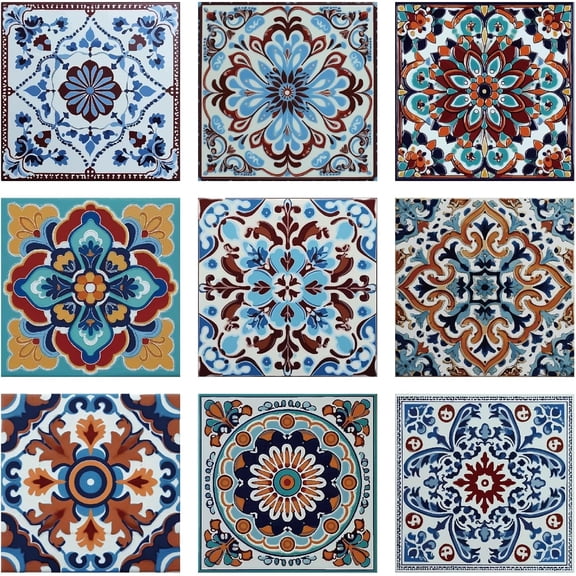 36Pcs 9 Styles Mexican Peel and Stick Tiles 4 x 4 Inch Colorful Tile Stickers Square Flower Pattern Waterproof PVC Decals
