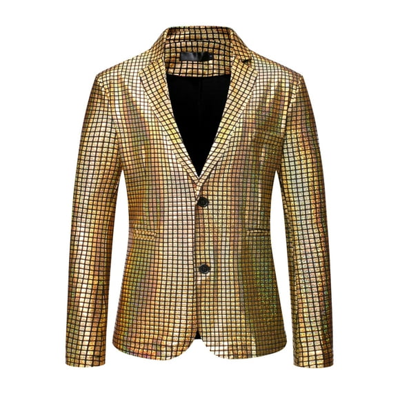 Lars Amadeus Men's Sequin Blazer Slim Fit Two Button Disco Metallic Sports Coat Golden M