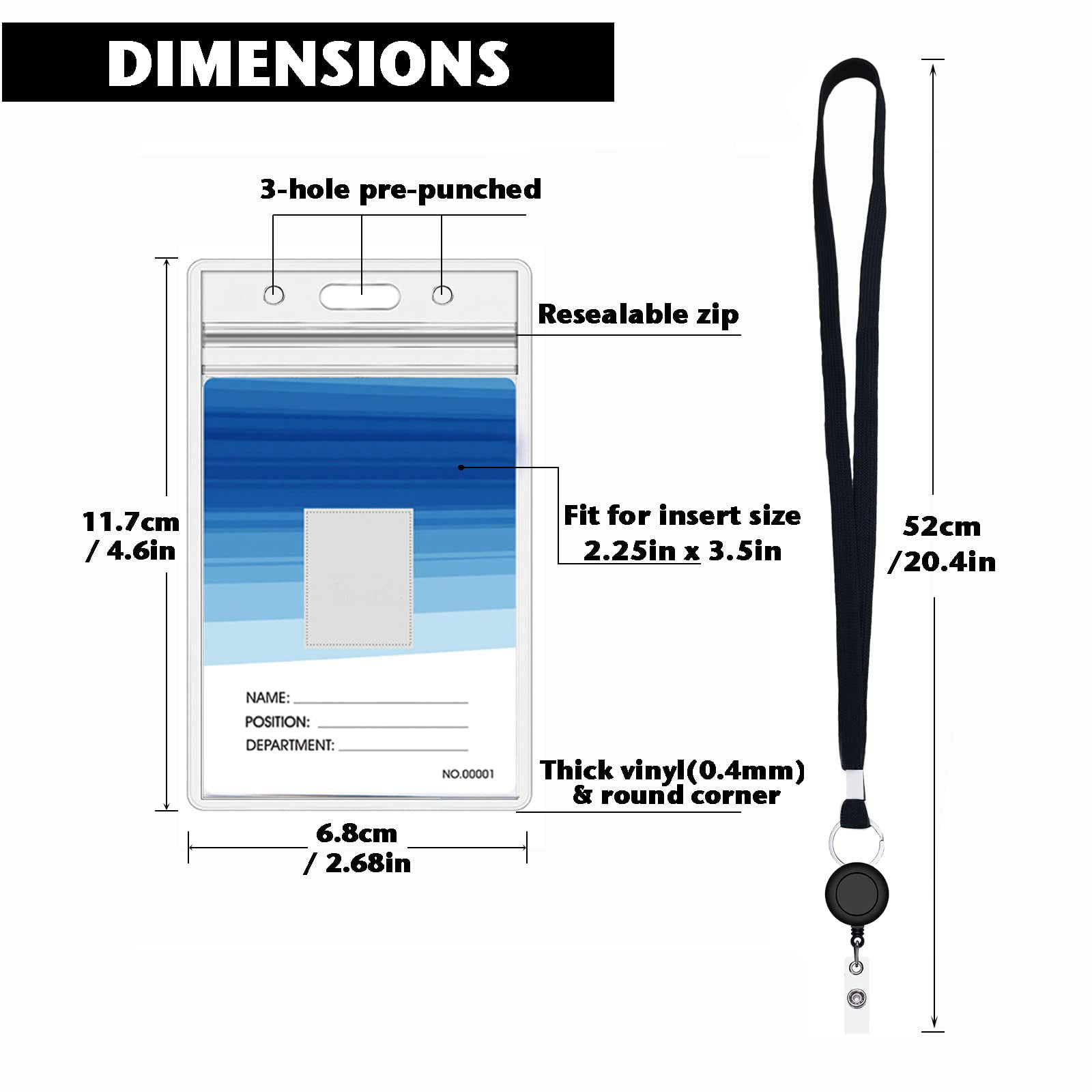 Lanyard with ID Holder Sets (Black,2 Pack)- Flat Polyester ID Lanyard with  Retractable Badge Reel & Vinyl Name Badge Holder 