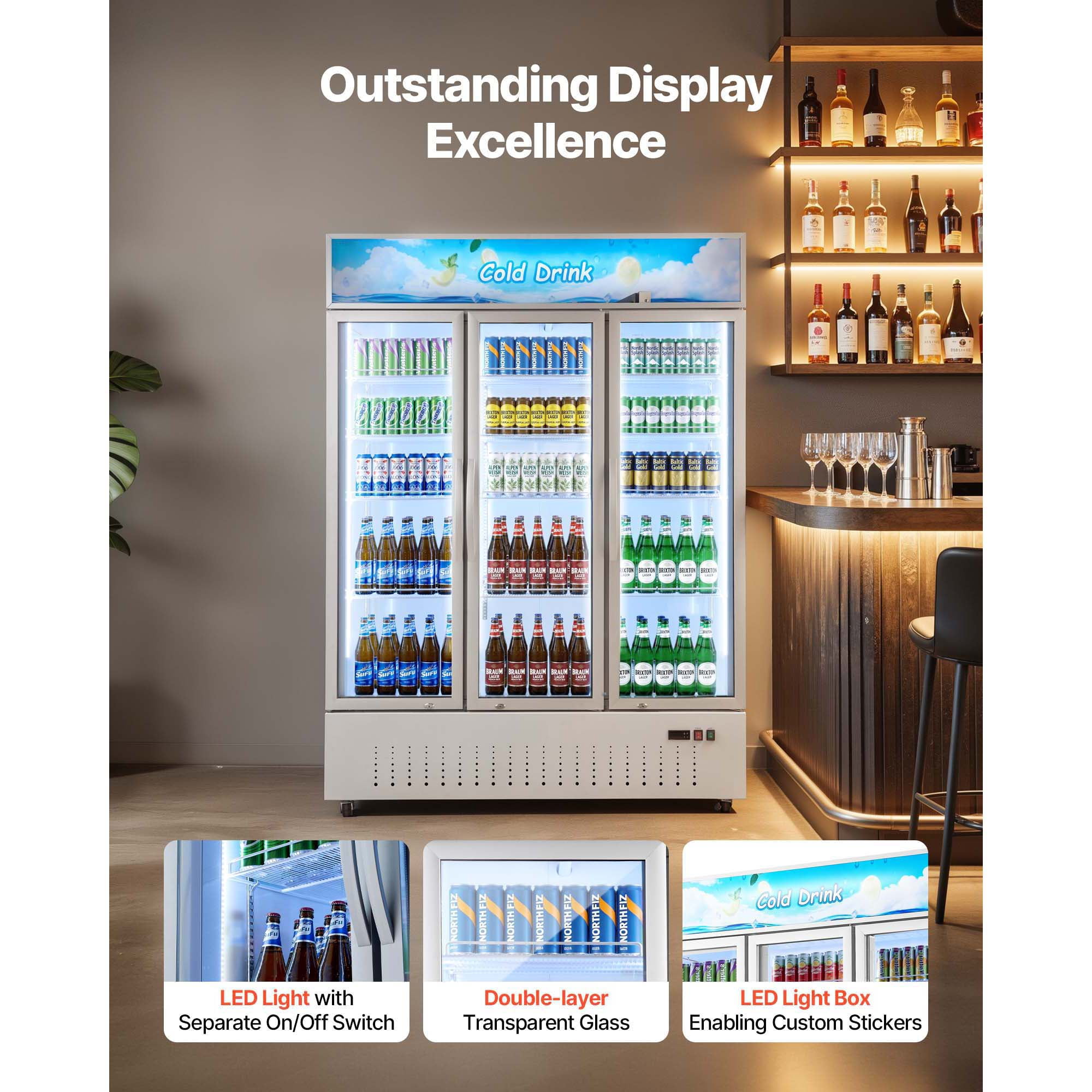 KFFKFF Commercial Merchandiser Refrigerator, 36.4 Cu.Ft / 1030L Upright Beverage Cooler, 3 Glass Door Display Fridge with Customizable Lightbox, 12 Adjustable Shelves, LED Lighting & Casters