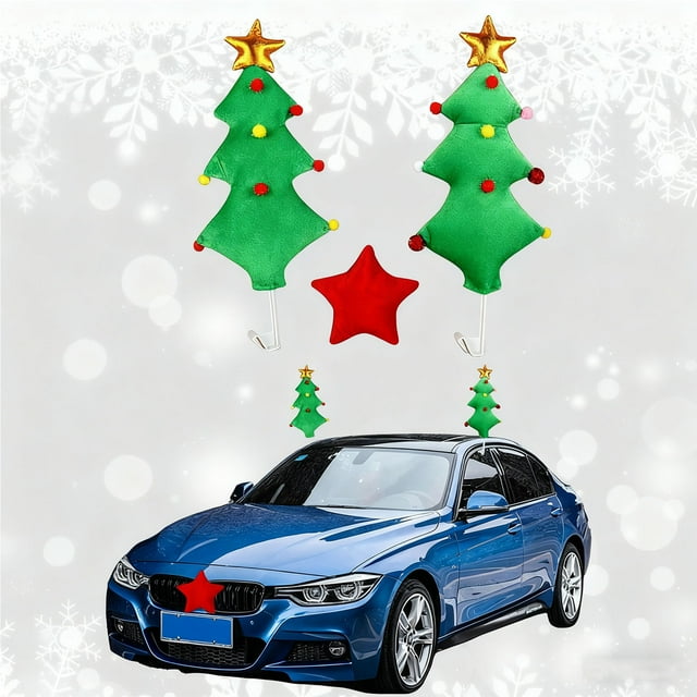 Kit de Decoración de Cuernos de Reno para Coche | Adorno con Forma de Árbol de Navidad | Material: Terciopelo y Fieltro | Fácil Instalación | Varilla de Soporte Resistente | Incluye 2 Árboles y 1 Est