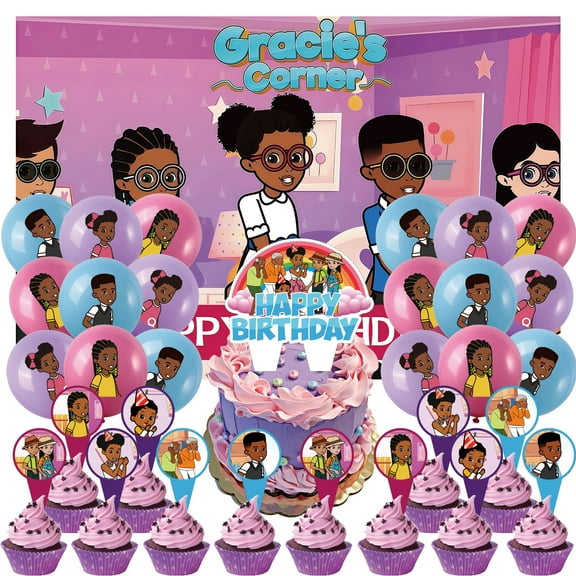 32 Pcs For Gracie Theme For Corner Birthday Party Supplies Party Favor Set,With 13 Cupcake Toppers,18 Balloons,5*3ft Birthday Backdrop Decorations, All-in-One Party Supply Set
