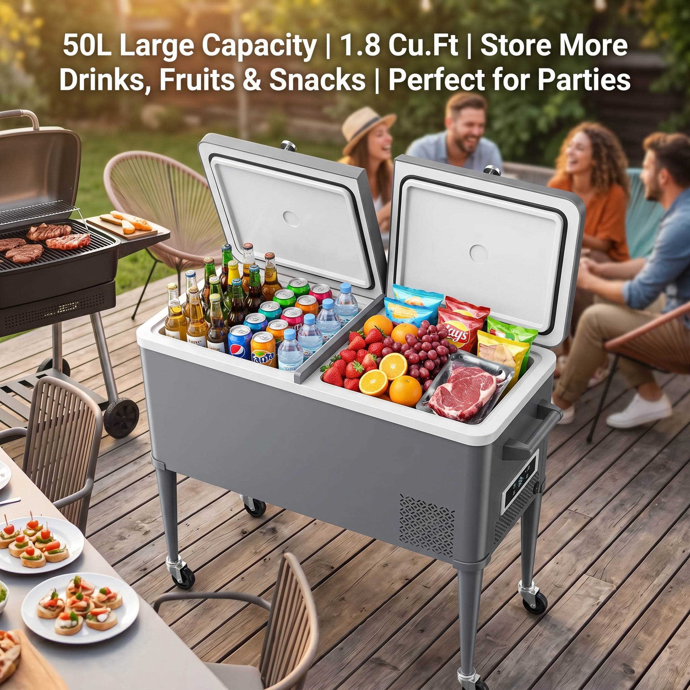 Bodega 50L 1.8 Cu.Ft Portable Compressor Cooler, -4°F to 68°F Outdoor Refrigerator Freezer, AC/DC Dual Power No Ice Needed Fridge, Rolling Wheeled Beverage Cooler for Patio, Porch,Party, Gathering