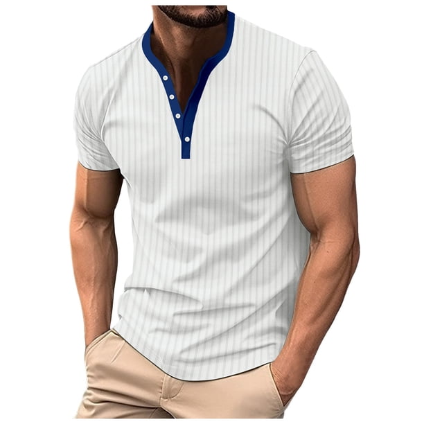 Camiseta de manga corta con cuello en V y canalé liso para hombre - Verano informal, mezcla de poliéster, vacaciones/oficina - Tallas S-XXXL