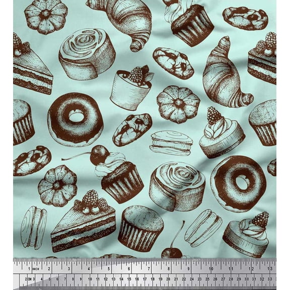 Soimoi Rayon Crepe Fabric Cupcake,Donut & Cookies Food Fabric Prints by Yard 46 Inch Wide