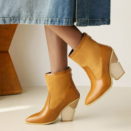 

Zunfeo Women s Mid Calf Boots- Solid High-Heels Zipper Chukka Boots Pointy Toe Warm Boots Christmas Gifts Clearance Brown 6