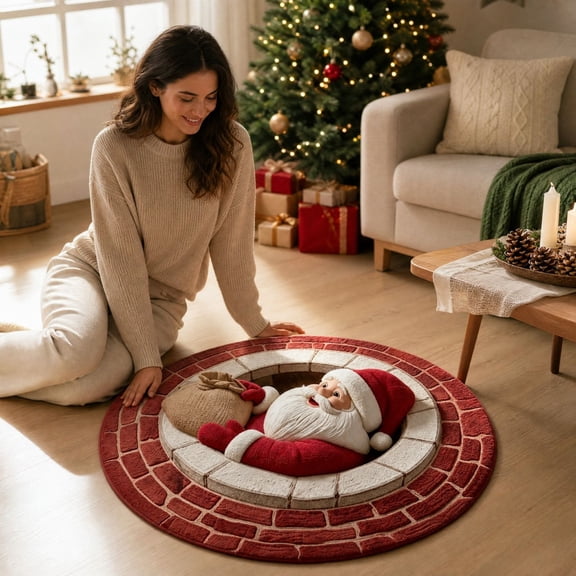 3D Christmas Round Rug, 20in Optical Illusion Christmas Rug for Indoor Outdoor Use, Santa Climbing Out Fireplace Brick Hole Visual Non-Slip Floor Mat, for Living Room & Bedroom Christmas Decor