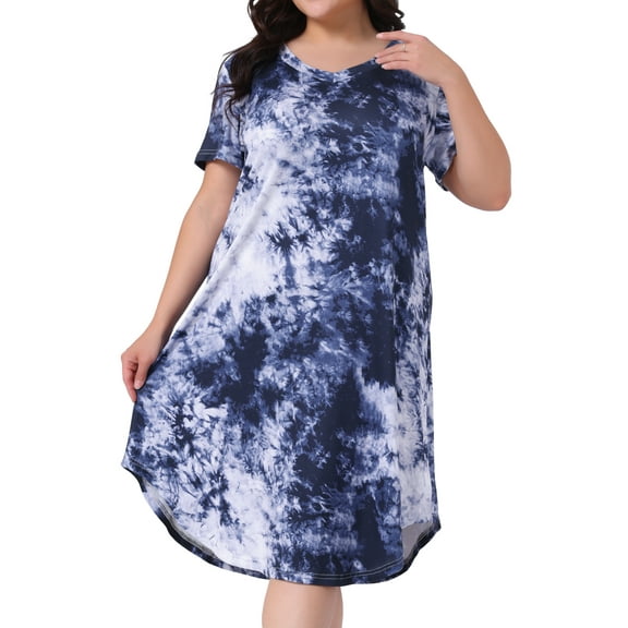 DARING DIVA Women's Plus Size V Neck Soft Tie Dye Short Sleeve Nightgown 1X Dark Blue