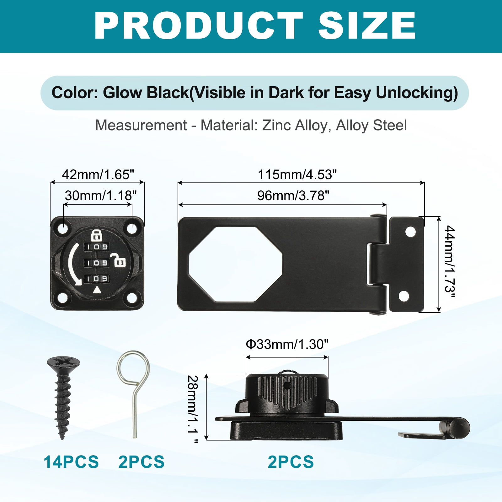 Uxcell Password Rotary Hasp Lock (4", Glow Black) (2 Pcs), Keyless 3-Digit Cabinet Locks with Combination Security Slide Latch, Suit For- Door/Closet/Barn/Bathroom/Outdoor/Garden
