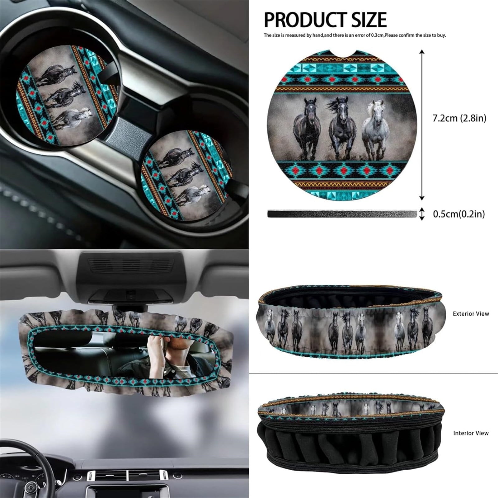 Yuyamidu Southwest Aztec Horse Car Front Seats Covers Set of 12 Blue Steering Wheel Cover Seatbelt Pads Center Console Cover Trash Bin Sunglass Holder Rearview Mirror Cover Cup Holders Keychain