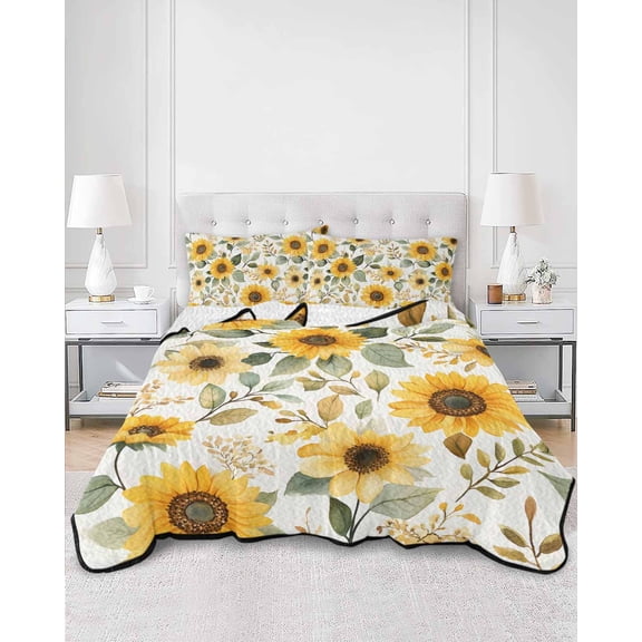 Quilts Twin XL Size, Sunflower Soft Comforter Bedding Set for Bed, Farmhouse Spring Summer Botanical Lightweight Quilted Bedspread with Pillow Cover(2 Pieces) for All Season, 68x98 Inch