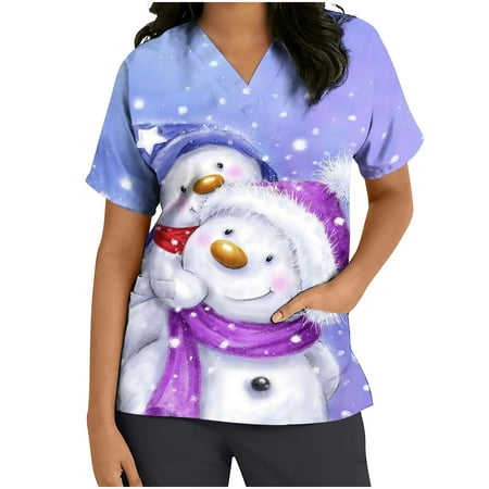 

XFLWAM Christmas Scrubs Tops for Women Plus Size Short Sleeve V Neck Snowflake Xmas Tree Santas Nursing Uniform Tshirts Scrub Tops Light Purple M