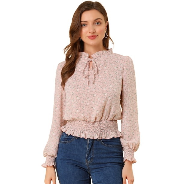 Blusa De Mujer Con Volantes Y Peplum Con Cuello Alto Y Manga Abullonada Rosa L